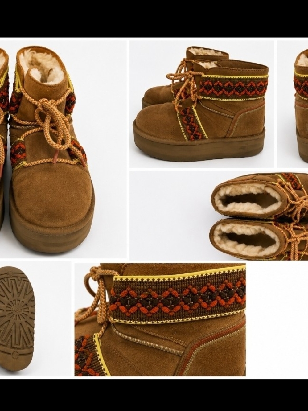 UGG Chestnut Suede Shearling-Lined Embroidered Lace-Up Booties